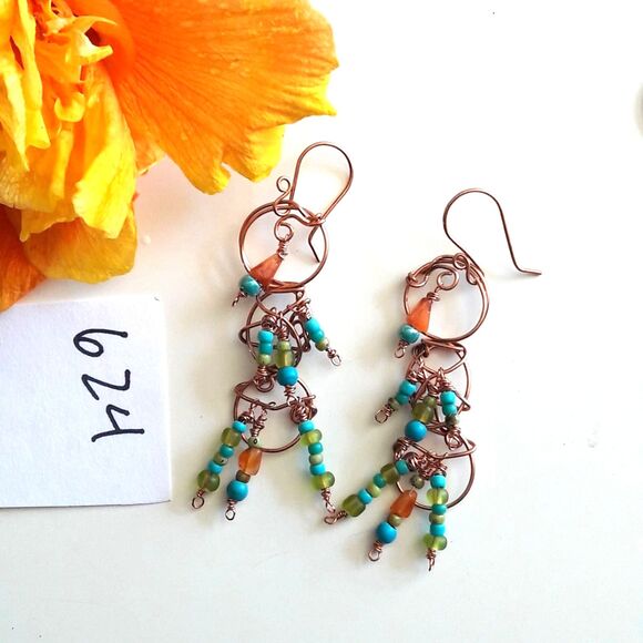 artisan earrings 624#mfs Tribal Fringe of tiny Carnelian triangles and blue gree - Picture 4 of 4